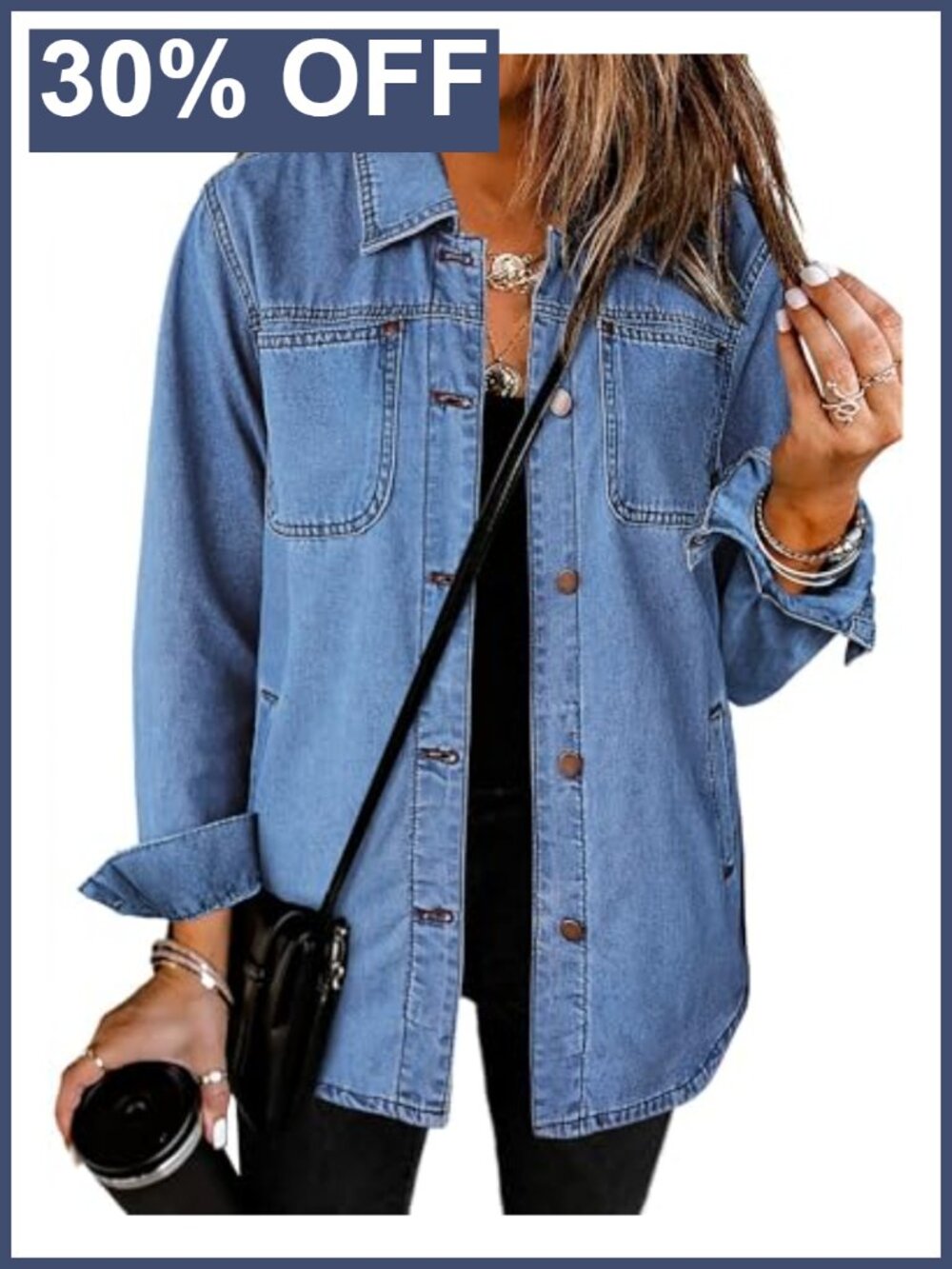 Womens Denim Shacket Button Down Jean Jacket Long Sleeve Relaxed Fit